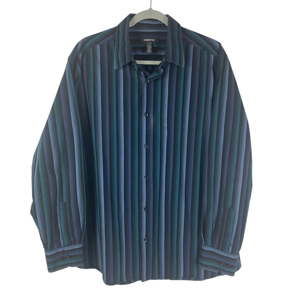 Claiborne Vertical Striped Long Sleeve Button Down Shirt Men's XL Black Green